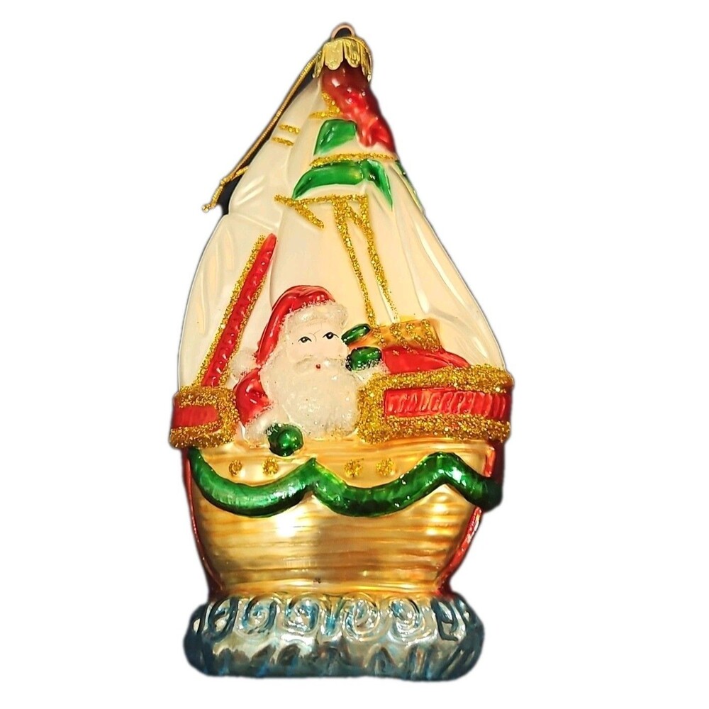 SANTA IN A SAILBOAT European Style Glass Ornament 6 3/8" H VTG 1996 Santa's Best